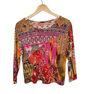 CAIA Womens Top XL 3/4 Sleeves Boho Mixed Print Stretchy Rhinestones Artsy Y2K